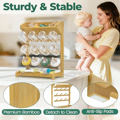 EsLuker.ly Baby Bottle Drying Rack Bamboo Vertical Dryer Holder, Space Saving for 12 Milk Glass Bottle Countertop, Wooden Drain Stand Shelf for New Parents - size: 13.1 In