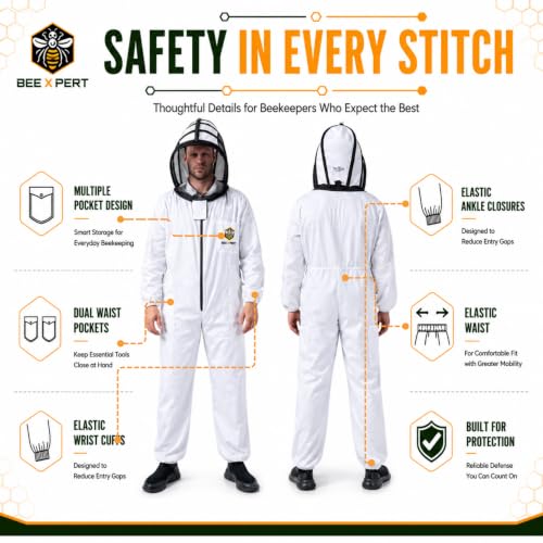 Cotton Beekeeping Suit with Removable Veil & Gloves – Full Body Protective Bee Suit, Breathable Sting Protection for Beginner & Professional Beekeepers (Adult-Large) - size: Adult-Large