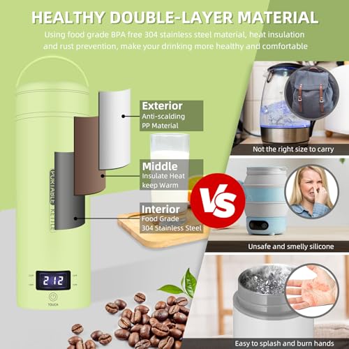 Travel Electric Kettle Portable Small Mini Tea Coffee Kettle Water Boiler, Water Heater with 4 Temperature Control,304 Stainless Steel with Auto Shut-Off & Boil Dry Protection, BPA-Free (Green) - color: Green