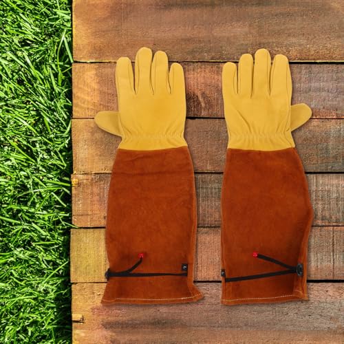 Leather Garden Gloves for Rose Pruning and Beekeeping Thorn and Puncture Resistant Long Sleeve Gloves with Gold Goat Skin Palm and Brown Cowhide Sleeve Size L