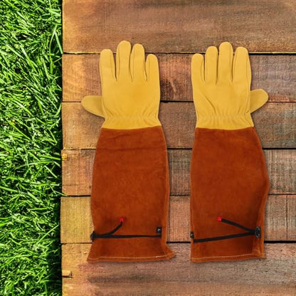 Leather Garden Gloves for Rose Pruning and Beekeeping Thorn and Puncture Resistant Long Sleeve Gloves with Gold Goat Skin Palm and Brown Cowhide Sleeve Size L