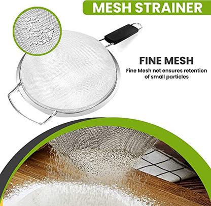 8" Large Fine Mesh Strainer with thermo plastic rubber handle - Sieve Fine Mesh Stainless Steel - Ideal to Strain Pasta, Quinoa and Rice. - size: 8 inch