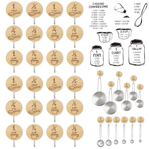 Measuring Cup and Spoon Organizer, 24 Pack Adhesive Wood Hooks for Hanging with 12 Kitchen Conversion Chart Stickers, Kitchen Hooks for Space Saving Storage - style: 24 Pcs Wood Hooks with Stickers