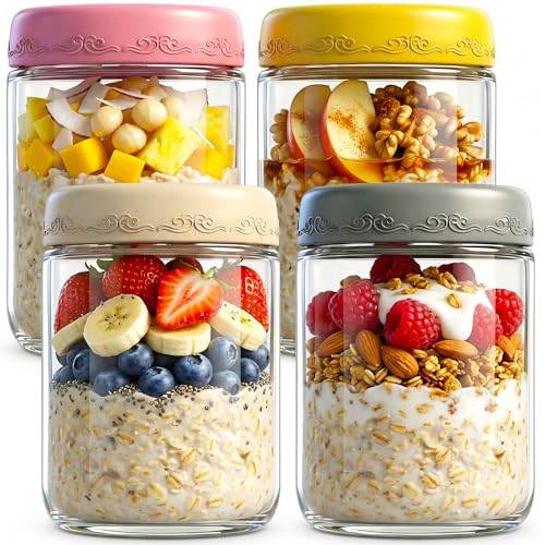 16oz 4Pack Glass Overnight Oats Jars Containers with Airtight Leakproof Lids, Reusable Mason Jars for Meal Prep, Yogurt Parfaits, Smoothies, Salads & Healthy Breakfasts (16 OZ-4-2) - color: 16oz-4-2