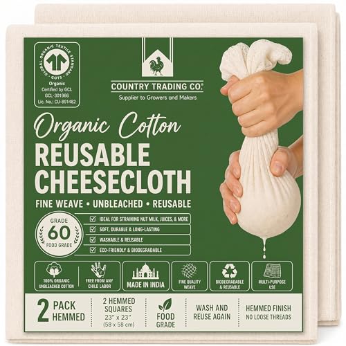 Organic Unbleached Cotton Cheesecloth – GOTS Certified Reusable Hemmed Muslin Straining Cloth for Cooking & Kitchen, 2 Squares, 23" x 23" (58 x 58 cm) - size: 3.7 sq ft (2 pcs)