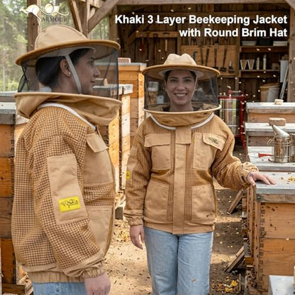 Khaki 3 Layer Beekeeping Jacket with Fencing Veil and Round Brim Hat (L) - size: L