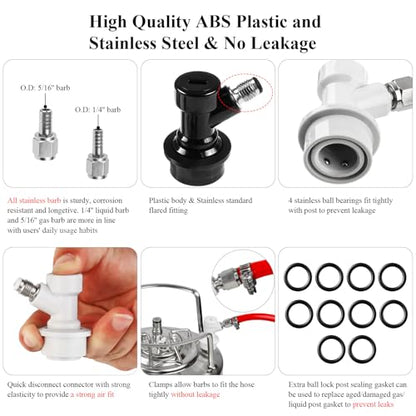 5 Pairs Corny Keg Ball Lock Quick Disconnect Set, Home Brewing Cornelius Keg Parts Ball Lock Keg Fittings with Stainless 5/16'' Gas 1/4'' Beer Barb Swivel Nuts Hose Clamp for Keg Post Coupler
