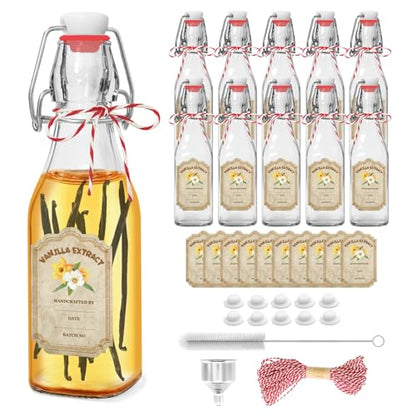 10 Pack Swing Top Glass Vanilla Extract Bottles 8 oz with Lids, Vanilla Labels & Funnel, Boston Square Bottles for Homemade Syrup, DIY Gifts, Flip Top Jars for Extract - color: 10PC 8oz Square Bottle