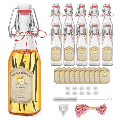 10 Pack Swing Top Glass Vanilla Extract Bottles 8 oz with Lids, Vanilla Labels & Funnel, Boston Square Bottles for Homemade Syrup, DIY Gifts, Flip Top Jars for Extract - color: 10PC 8oz Square Bottle