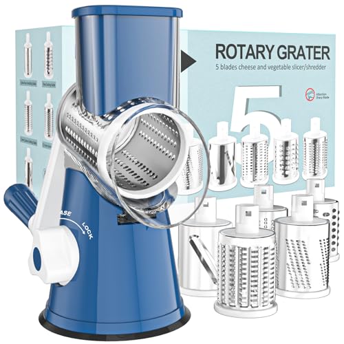 Cambom Rotary Cheese Grater Hand Crank Cheese Shredder for Fresh Cheese, Vegetable, Nuts,Non-slip Suction Base, Five Blades, Dark Blue - color: Dark Blue, size: 5 BLADES