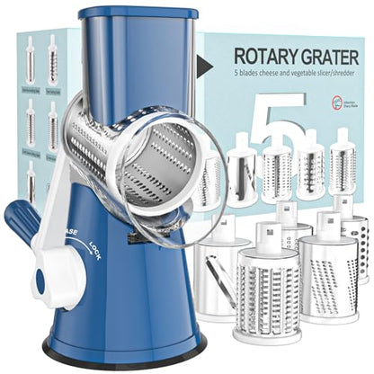 Cambom Rotary Cheese Grater Hand Crank Cheese Shredder for Fresh Cheese, Vegetable, Nuts,Non-slip Suction Base, Five Blades, Dark Blue - color: Dark Blue, size: 5 BLADES