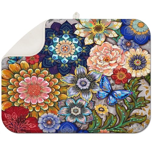Dish Drying Mat Boho Floral Kitchen Mat for Countertop Protector Absorbent Mats Dishes Pad for Kitchen Counter Coffee Table Decor Accessories Extra Large 18X24 inch - color: Boho Floral, size: 24" x 18"