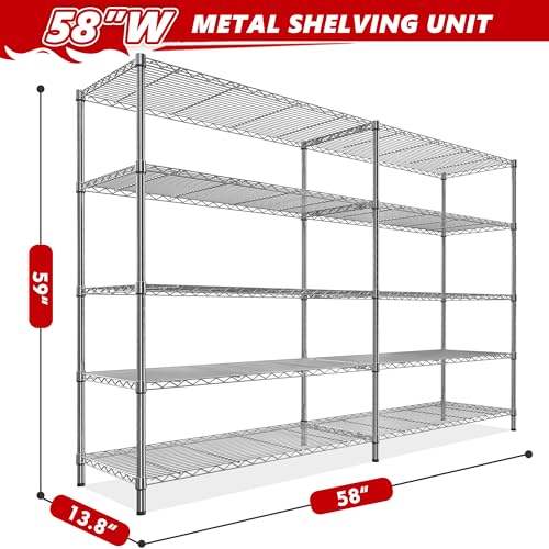 REIBII 58" W Storage Shelves Wire Shelving 1400LB Metal Shelves for 5 Tier Shelving Unit with Shelf Adjustable Garage Shelving Rack for Pantry Kitchen Garage, 58" W x 59" H x 13.8" D, Chrome - style: Chrome-13.8"D x 58"W x 59"H-5 Tier