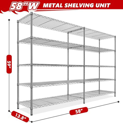 REIBII 58" W Storage Shelves Wire Shelving 1400LB Metal Shelves for 5 Tier Shelving Unit with Shelf Adjustable Garage Shelving Rack for Pantry Kitchen Garage, 58" W x 59" H x 13.8" D, Chrome - style: Chrome-13.8"D x 58"W x 59"H-5 Tier