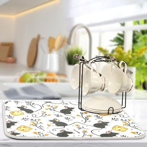 Mouse Cheese Print Dish Drying Mat for Kitchen Counter Absorbent Dish Drainer Mat Heat Resistant Dishes Drying Pad 16x18 inch - size: S 16x18in