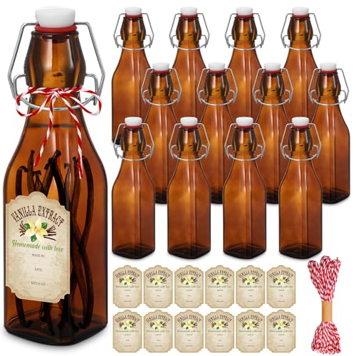 Uiifan 12 Pcs 8 oz Swing Top brown Square Glass Bottles for Vanilla Extract with Caps and Cotton Twines Label Flip Top Glass Bottle for Home Vanilla Brew Oil Beer Tea Supply - color: Amber, size: 8 oz