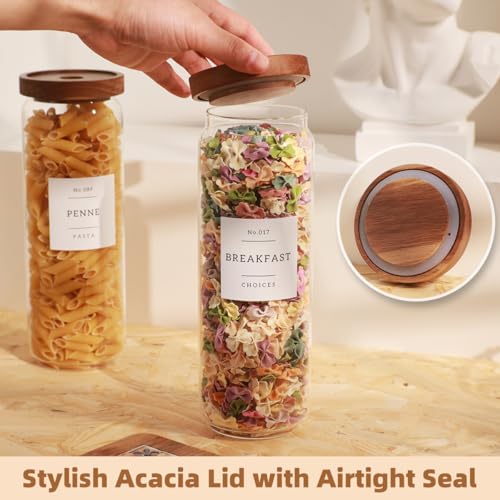 3 Pack Glass Canisters with Airtight Acacia Lids and 132 Kitchen Pantey Labels Preprint - 45 Fl Oz Borosilicate Glass Pantry Storage Jars Containers with Wooden Lids for Tea,Sugar,Cookie,Coffee,Nuts - size: 45oz-3 Pack
