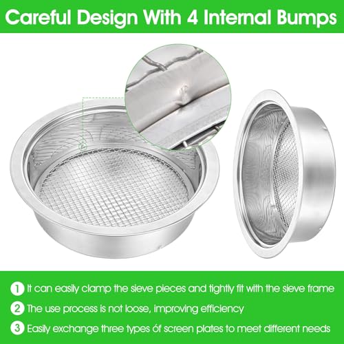 Soil Sieve Set with 5 Stainless Steel Mesh Sifter Screens (1/3/6/9/12mm) & Plastic Scoop - 7.7" Diameter Garden Soil Sifter for Compost, Sand, Rocks