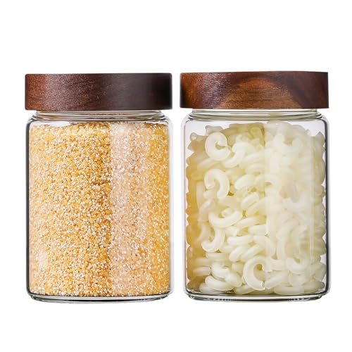 Glass Jars with Wood Lid 27 Oz 2 Pack, High Borosilicate Glass Containers Mason Screw Jars for Kitchen Storage