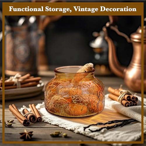 Amber Glass Storage Jar with Airtight Wooden Lid - 25.4 oz Decorative Kitchen Canister for Coffee, Cookie, Candy, Spices & Home Decor - size: 25.4 Ounces, style: Amber Flower