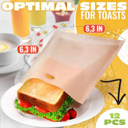 12 Pcs Non-Stick Grilled Cheese Toaster Bags Reusable Up To 50 Times - 6.3" x 6.3" Reusable Toaster Bags for Grilled Cheese Sandwiches and Panini | Mess-Free, Easy to Clean and Heat-Resistant Material