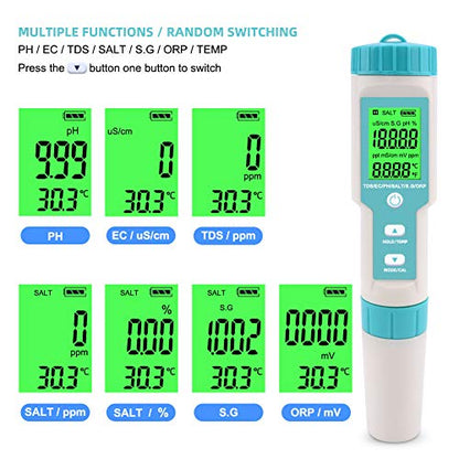 7 in 1 PH Meter Gomass 0.01 High Accuracy ph Tester Digital for Water TDS/EC/Salinity/Temp/ORP/S. G/PH Pen Tester Drinking Water, Hydroponics, Plants, Aquarium and Pool - color: Light blue