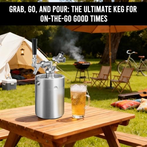 MRbrew Pressurized Mini Keg 64oz, 304 Stainlsee Steel Mini Kegerator with Exhaust Valve Designed Cap Portable Beer Growler for Homebrew And Craft Beer (Silver) - color: Silver