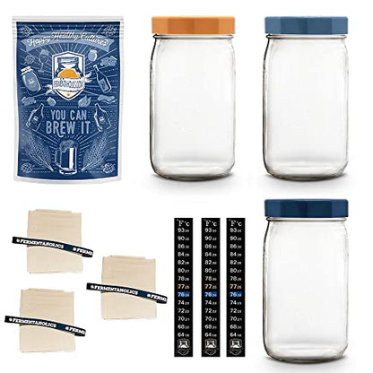 Fermentaholics 3 One Quart Wide Mouth Mason Jars with Breathable Muslin Cloth Covers, Rubber Bands, Temperature Strips | 3 Pack Quart Jars | Ideal for Small Batch Fermentation | Kombucha, Kefir, Pickl