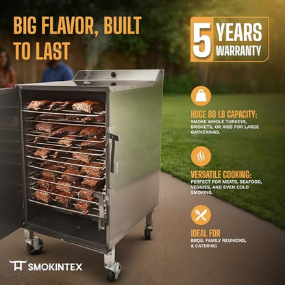 SmokinTex 'The XL' Series Electric Smoker - Largest Residential Meat Smoker Grill with Dual 700W Elements, 80 lbs. Capacity, Temperature Control, Stainless Steel - size: 150 lb.