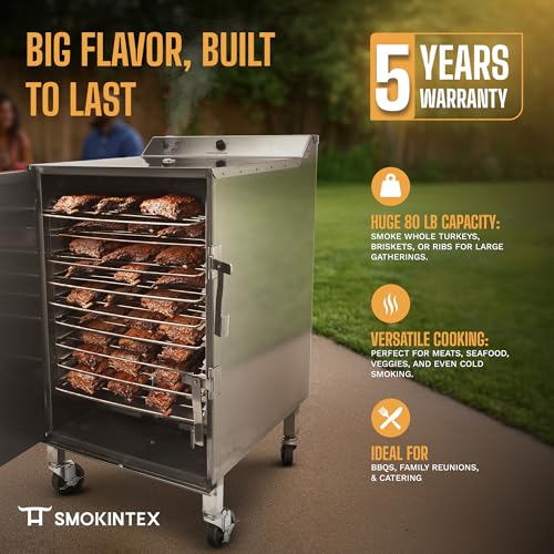 SmokinTex 'The Pitmaster' Series High-Capacity Electric Smoker – 700W Stainless Steel Meat Smoker, Temperature Control for Meat, Seafood, Vegetables, BBQ – Portable with Locking Wheels - size: 107 lbs