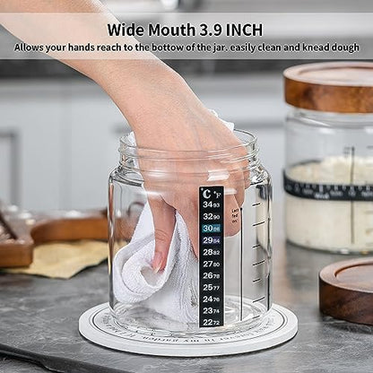 Wissy&Konny Sourdough Starter Jar 35OZ with Ounce Scale Line,Date Marked Feeding Band, Thermometer, Sourdough Jar Scraper, Cloth Cover & Wood Lid, Wide Mouth for Sourdough Bread Baking - color: Wood Lids-1 Pack