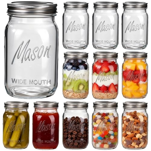 Rubtlamp Clear Mason jar 32 oz, 12 Pack Glass Jars - Wide Mouth Mason Jars with Airtight Lids for Pickling, Fermenting, Food Storage&DIY Crafts, Microwave & Dishwasher Safe - color: Clear