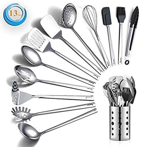 Stainless Steel Cooking Utensils Set, Berglander 13 Pieces Kitchen Utensils Set, Kitchen Tools Set With Utensil Holder Non-Stick And Heat Resistant,Dishwasher Safe, Easy to Clean (13 Packs) - size: A. 13 Pieces
