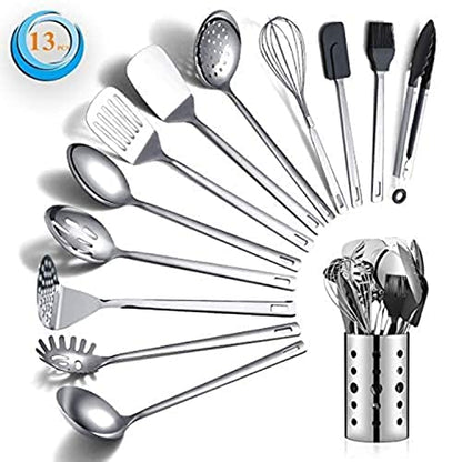 Stainless Steel Cooking Utensils Set, Berglander 13 Pieces Kitchen Utensils Set, Kitchen Tools Set With Utensil Holder Non-Stick And Heat Resistant,Dishwasher Safe, Easy to Clean (13 Packs) - size: A. 13 Pieces