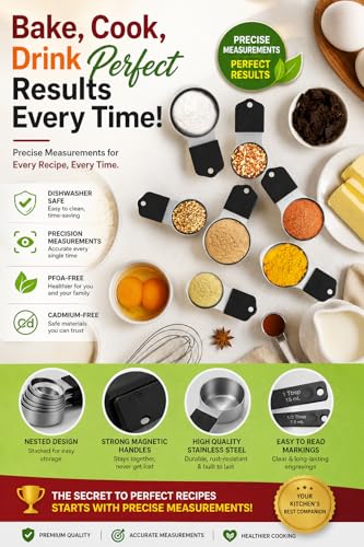 Magnetic Measuring Cups & Spoons Set|304 Stainless Steel Dual Scale Set of 15, Strong N52 Magnetic Nesting Design with Leveler, for Dry&Liquid Ingredients, Dishwasher Safe(Black) - color: Magnetic Measuring Cups & Spoons Set Black