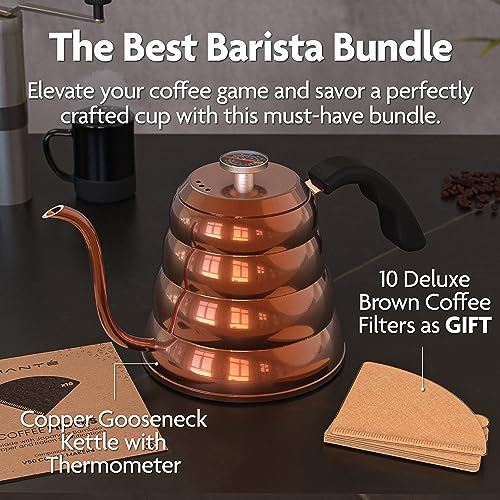 Viante Gooseneck Stovetop Pour Over Coffee Kettle, Built-in Thermometer | Precision spout for drip coffee & tea. Stainless steel with copper finish, 40 fl oz. Works on all cooktops
