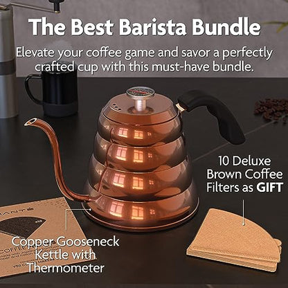 Viante Gooseneck Stovetop Pour Over Coffee Kettle, Built-in Thermometer | Precision spout for drip coffee & tea. Stainless steel with copper finish, 40 fl oz. Works on all cooktops