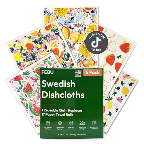 FEBU Swedish Dishcloths for Kitchen | 5 Pack Fruit Pattern Reusable Paper Towels Washable | Swedish Dish Towels | Non-Scratch Cellulose Sponge Cloths | No Odor, Biodegradable Cleaning Cloths - color: Fruity
