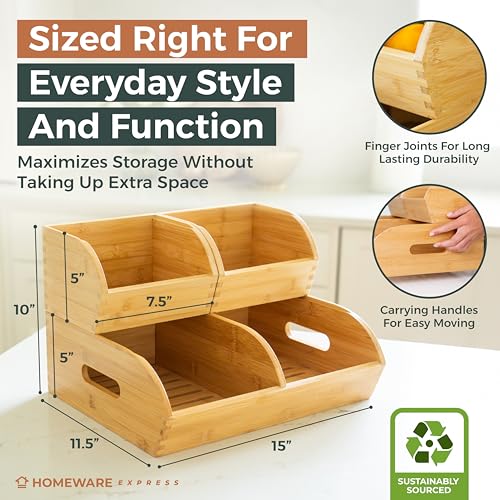 Potato and Onion Storage Bin for Pantry and Kitchen Counter - Ventilated Stackable Bamboo Organizer Baskets with Handles - color: Bamboo