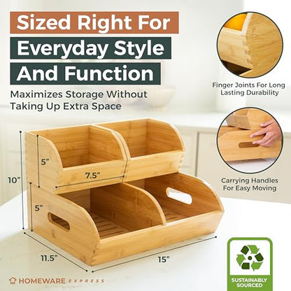 Potato and Onion Storage Bin for Pantry and Kitchen Counter - Ventilated Stackable Bamboo Organizer Baskets with Handles - color: Bamboo