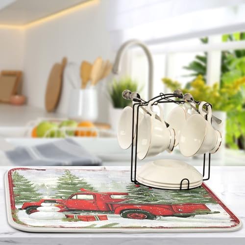 Christmas Red Truck Snowman Dish Drying Mat 18x24 for Kitchen Winter Xmas Tree Snowflake Cardinal Bird Dishes Pad Dish Drainer Rack Mats Absorbent Fast Dry Kitchen Accessories