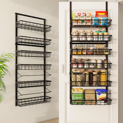 Mefirt Over The Door Pantry Organizer, Pantry Storage and Organization, 6-Tier Adjustable Hanging Baskets, Metal Wall Mount Spice Rack Seasoning Shelves for Home & Kitchen, Laundry Bathroom - Black - color: Black, size: 6-Tier