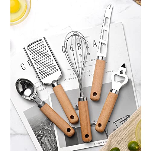 9pcs Kitchen Gadget Set with Wooden Handle, Stainless Steel Cooking Tools Kitchen Accessories Pizza Cutter, Egg Whisk, Vegetable Peeler, Can Opener, Garlic Press - color: Gadget Set