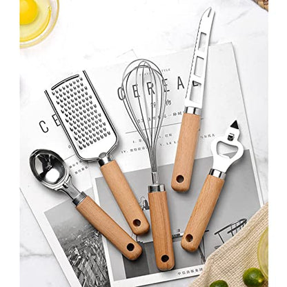 9pcs Kitchen Gadget Set with Wooden Handle, Stainless Steel Cooking Tools Kitchen Accessories Pizza Cutter, Egg Whisk, Vegetable Peeler, Can Opener, Garlic Press - color: Gadget Set