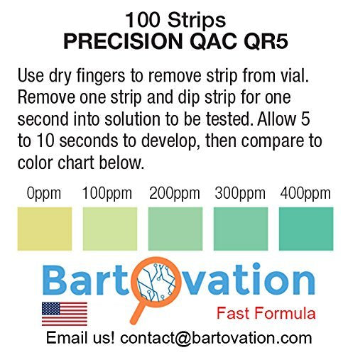 Bartovation Quaternary Ammonium Test Paper Strips, 0-500 ppm, 100-Pack | Sanitizer, QAC, Multi Quat, Made in USA, for Restaurant and Food Service
