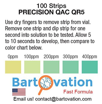 Bartovation Quaternary Ammonium Test Paper Strips, 0-500 ppm, 100-Pack | Sanitizer, QAC, Multi Quat, Made in USA, for Restaurant and Food Service