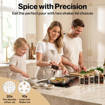EDELHAUS Glass Spice Jars with Label, 24x Gold Stainless Steel Lids | Airtight lids keep spices fresh; use as a spice organizer, seasoning containers or 4 oz jar set; funnel, brush & 240 labels - color: Gold Steel Lid