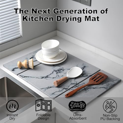 Large Stone Dish Drying Mat for Kitchen Counter,Collapsable Stone Dish Drying Mat with Diatomaceous Earth for Quick Drying-Ultra Absorbent-Eco-Friendly,Foldable -23.6"×15.7" Light Gray Marble Pattern - color: L22-Light Gray