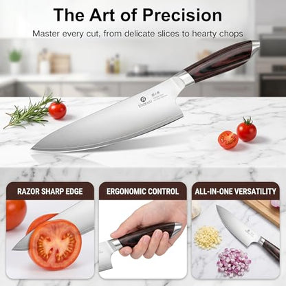 imarku Chef Knife, Japanese Kitchen Knife 8 Inch with High Carbon Stainless Steel, Ultra Sharp Edge Utility Knife, Ergonomic Pakkawood Handle Cooking Knives for Home Cooks and Chefs,Birthday Gift - color: Brown and Black
