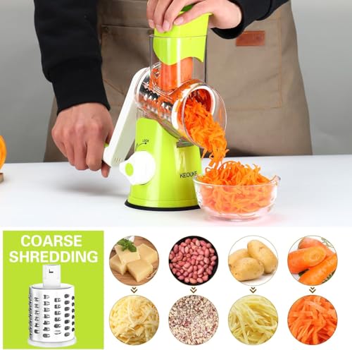 Cambom Rotary Cheese Grater Hand Crank Cheese Shredder for Fresh Cheese, Vegetable, Nuts,Non-slip Suction Base，Three Blades,Green - color: Green, size: 3 BLADES